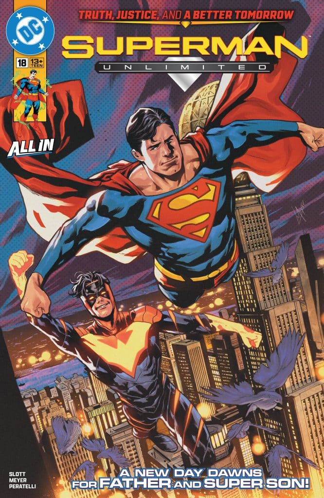 Comic book cover of 'Superman Unlimited' featuring Superman and his son flying over a cityscape, with the title and issue number prominently displayed.