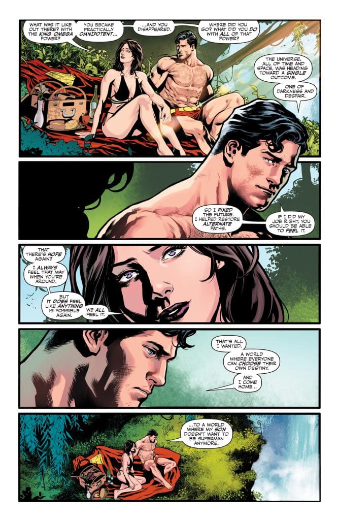 A comic book page featuring two characters, a woman in a black swimsuit and a muscular man, sitting on a blanket in a lush, green environment. They appear in a conversation about power, destiny, and the future. The page includes thought bubbles and dialogue reflecting emotional themes.
