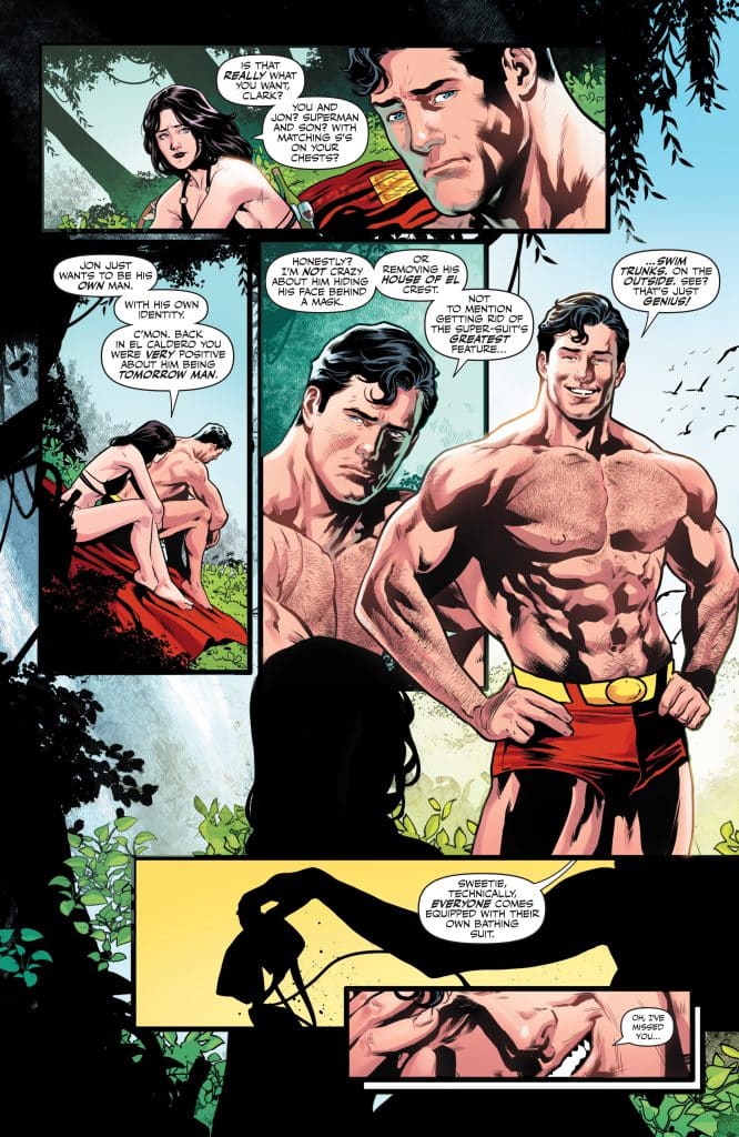 A comic book scene featuring two characters in a dialogue. One character, a muscular man wearing swim trunks, discusses identity and superhero masks with a woman, who is partially clothed. The background shows greenery, enhancing the outdoor setting.