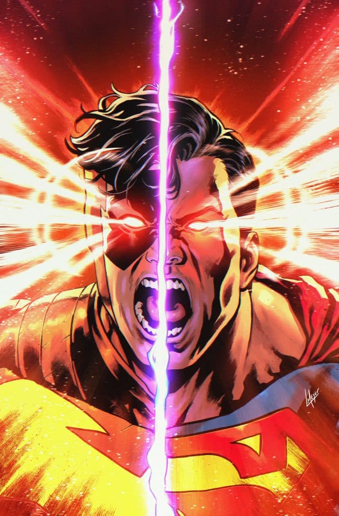 A dynamic comic-style illustration of a superhero, split down the middle. The left half features a character with dark hair and an angry expression, while the right half shows a similar character, both radiating energy and intensity with glowing eyes and vibrant colors.
