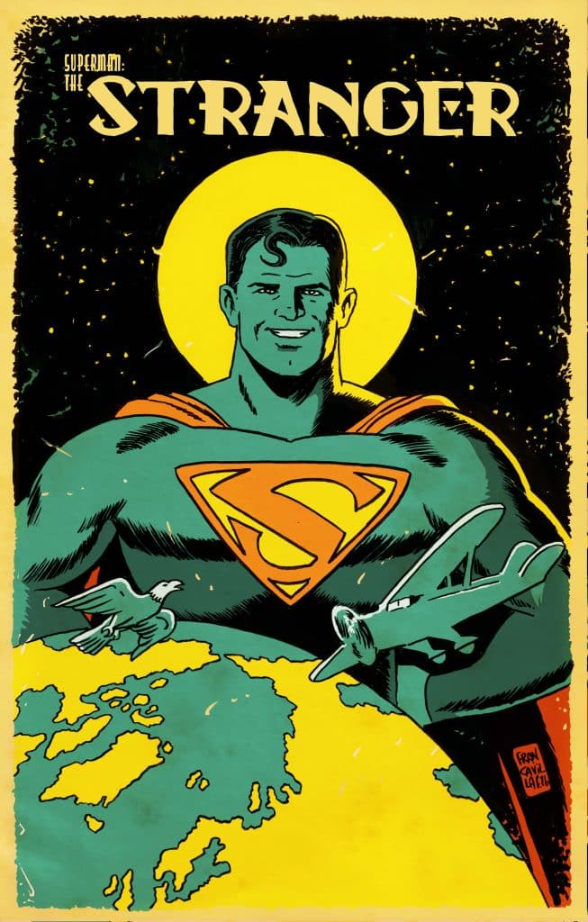 A vintage comic book cover featuring a smiling superhero with the Superman emblem, set against a cosmic background with an airplane and Earth below.