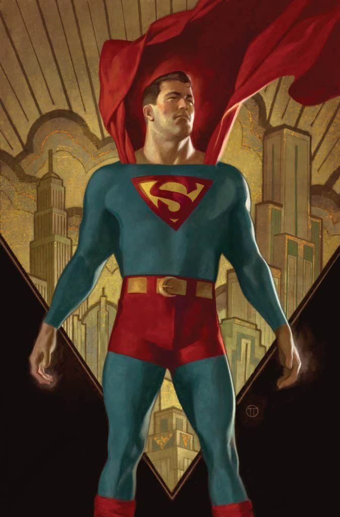 A stylized depiction of a superhero resembling Superman, standing confidently with his cape flowing, set against a backdrop of city skyscrapers and geometric patterns.
