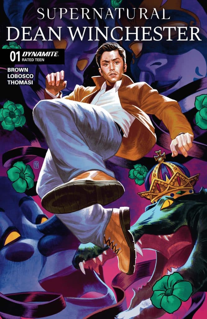 Comic book cover featuring a character resembling Dean Winchester from Supernatural, action pose with a dynamic background of colored monsters and flowers.