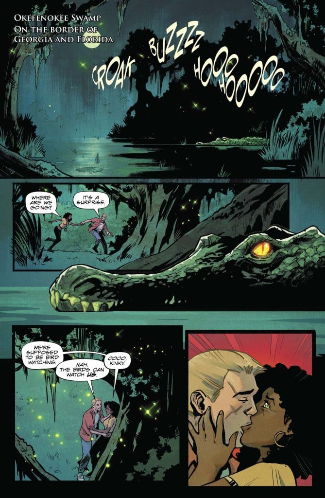 A comic panel set in the Okefenokee Swamp, featuring two characters flirtatiously kissing while surrounded by swamp scenery. Dialogue indicates they are supposed to be bird watching, with humorous undertones. A crocodile lurks in the water nearby, adding a sense of adventure.
