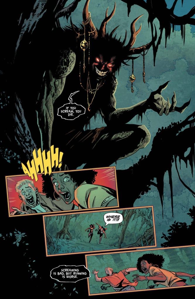 A dark, eerie forest scene featuring a menacing creature with horns and glowing red eyes, lurking in the shadows. Two terrified characters scream in fear, with one exclaiming about the dangers of both screaming and running.