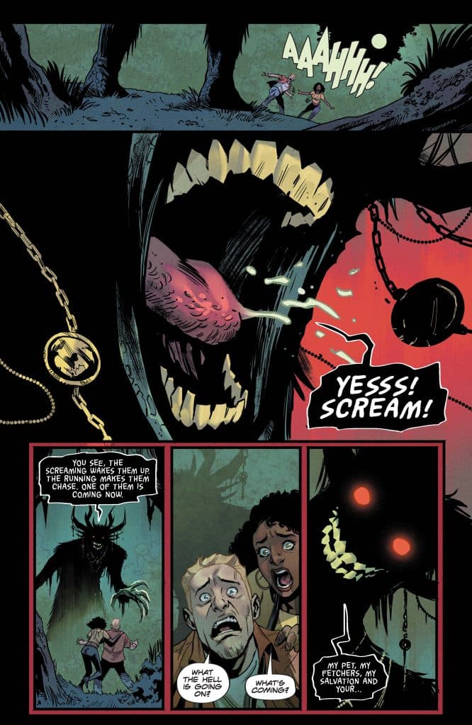 A dark comic book scene featuring a large, monstrous mouth with sharp teeth and a long tongue, while two characters run in fear. One character screams, and a shadowy figure looms in the background. Dialogue boxes convey a sense of horror and impending danger.