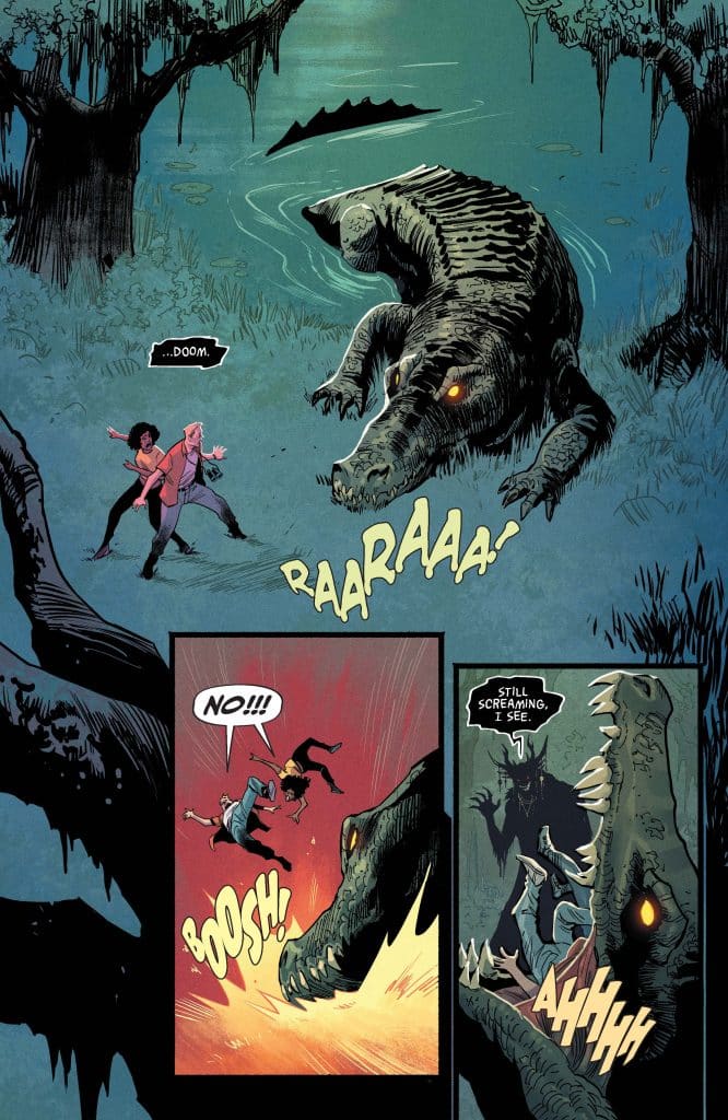 A comic panel depicting a large crocodile in a swamp, roaring loudly. Two characters, a man and a woman, are seen fleeing in fear, while speech bubbles express their alarm. The scene features dark waters and eerie surroundings, enhancing the sense of danger.