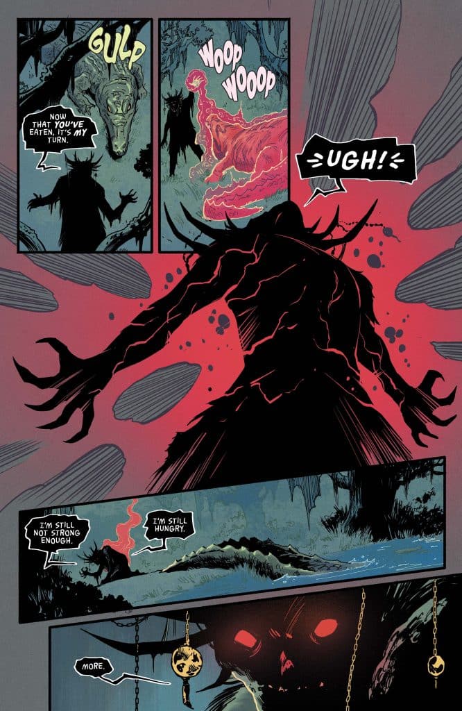 A dark comic panel featuring a menacing figure with glowing red features and shadowy claws, surrounded by eerie landscapes. Text bubbles indicate dialogue about hunger and transformation.