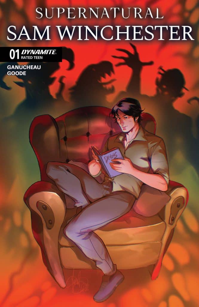Illustration of Sam Winchester sitting in a red armchair, reading a book titled 'Demons,' with shadowy figures in the background. The image features dramatic lighting and a dark, atmospheric color palette.