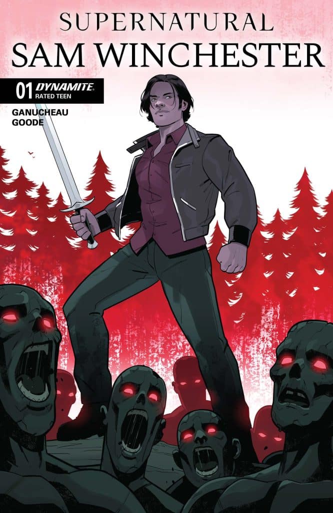 Comic cover featuring Sam Winchester from Supernatural, standing confidently with a sword amidst shadowy figures with glowing red eyes.