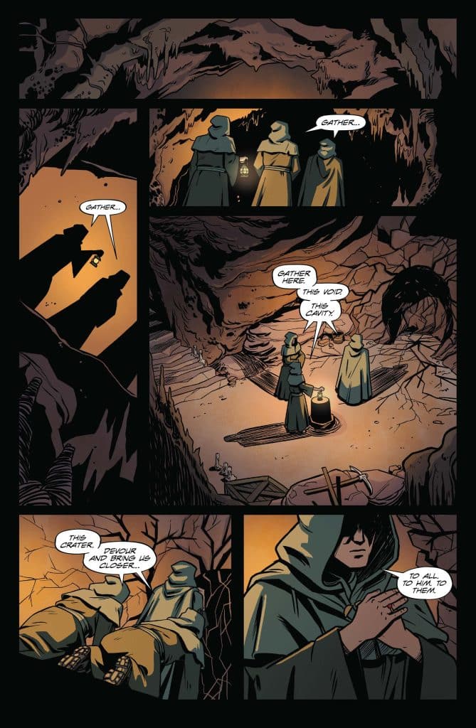 A group of cloaked figures gathers in a dimly lit cave, discussing a void and a crater. One figure holds a lantern while another speaks, suggesting an ominous atmosphere.