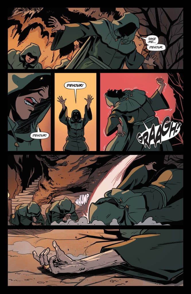 A dark, moody comic panel depicting hooded figures in a cavern. One figure appears to be succumbing to another, shouting 'Devour!' while a struggle ensues. The scene suggests tension and urgency, with visual emphasis on the characters' expressions and dramatic gestures.