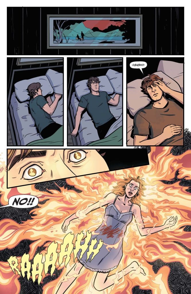 A comic strip showing a young man in bed looking troubled, a close-up of his shocked expression, and a woman appearing in flames while screaming 'NO!!'.