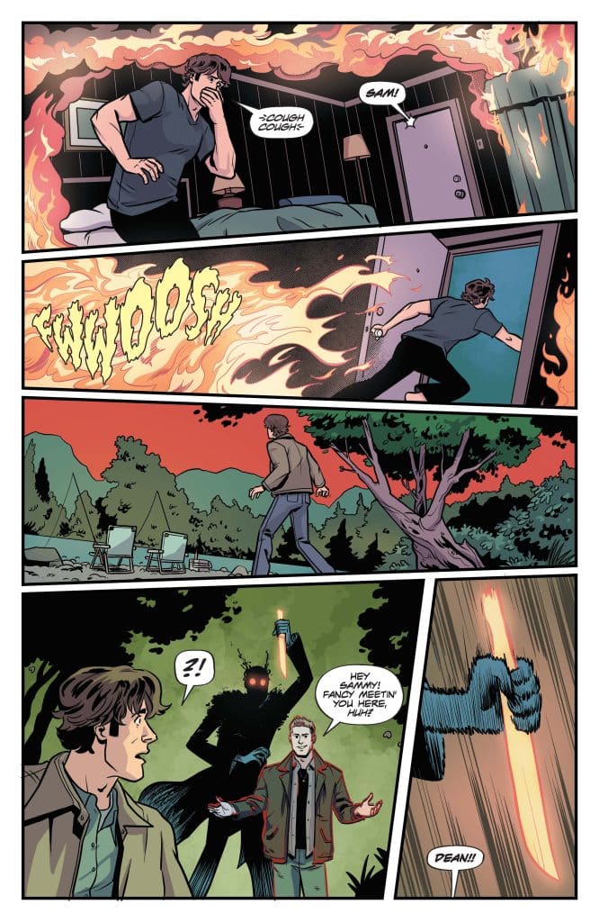 A comic panel showing a person coughing in a room engulfed in flames, with smoke and fire visible.
