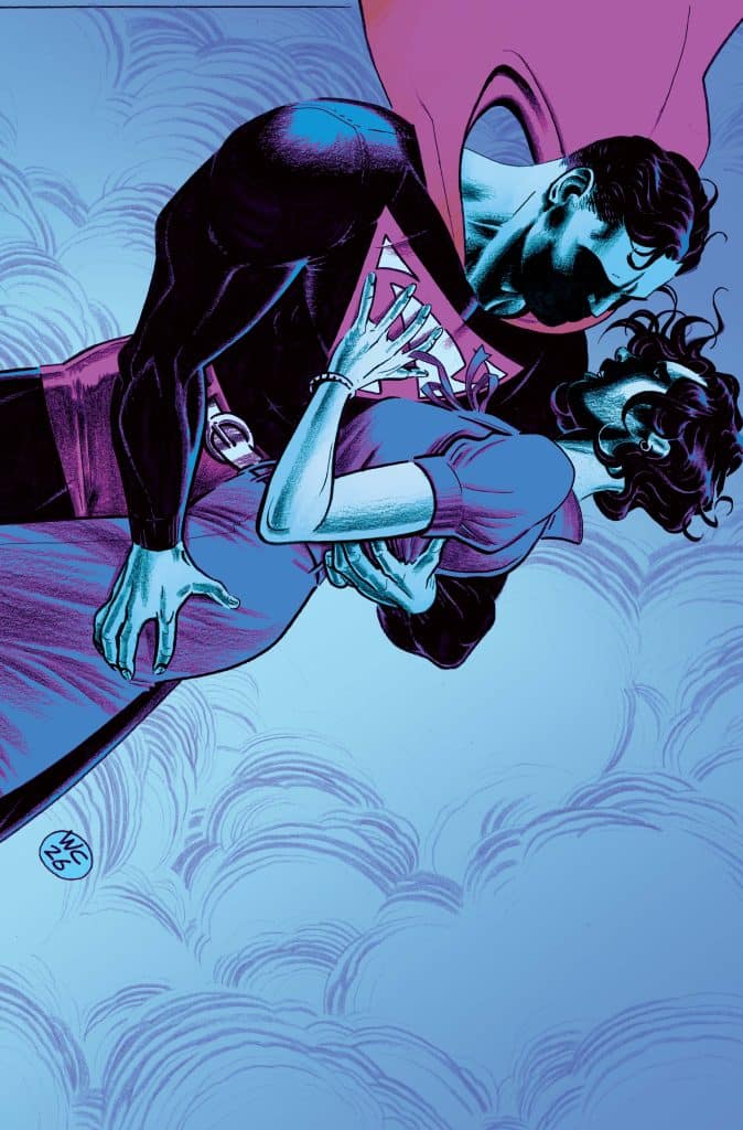 A comic book-style illustration featuring a superhero in a black suit and a woman with curly hair in a pink dress, both suspended in a dramatic embrace against a blue and pink background filled with swirling clouds.