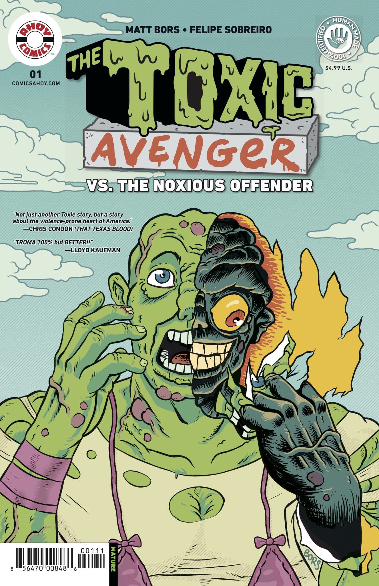 Comic book cover featuring The Toxic Avenger, a green, mutated character with one grotesque eye and a partially exposed skull, against a colorful backdrop. Title 'The Toxic Avenger vs. The Noxious Offender' prominently displayed.
