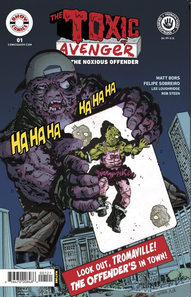 Cover of The Toxic Avenger comic featuring a muscular purple character laughing maniacally while holding a small green figure. The title reads 'The Toxic Avenger: The Noxious Offender' with a warning label stating 'Mature'.