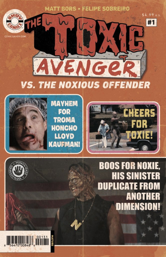 Cover of 'The Toxic Avenger' comic featuring dramatic images and text about the storyline, including 'vs. The Noxious Offender' and promotion for Troma honcho Lloyd Kaufman.
