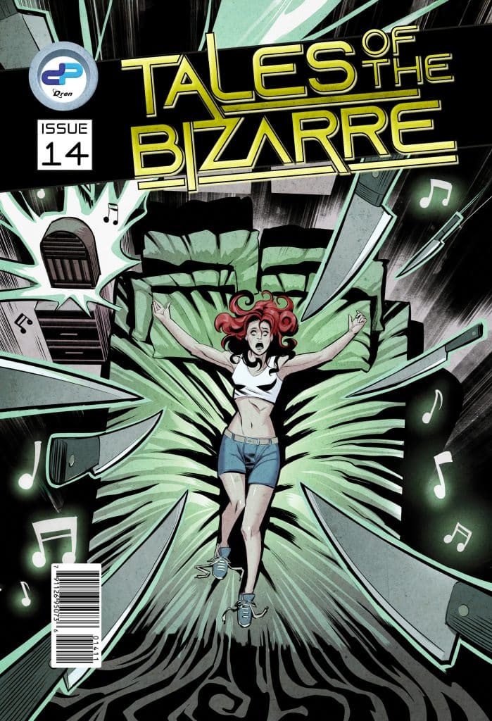 Comic book cover for 'Tales of the Bizarre', issue 14, featuring a woman with red hair lying on a bed surrounded by floating blades and musical notes.