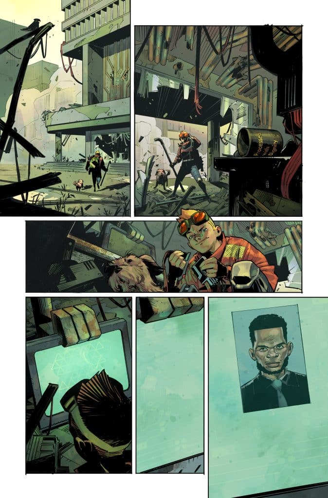 A fragmented comic panel depicting a dystopian setting with a character, wearing goggles, interacting with a device while a dog is present. Other panels show a ruined building and another character in the background.