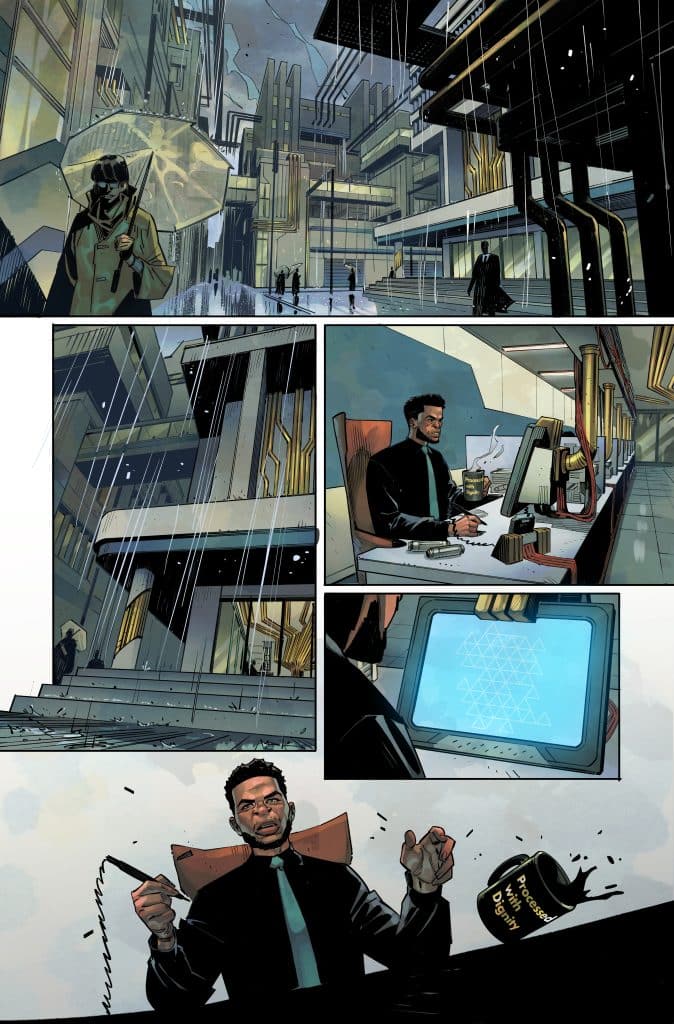A rainy urban environment featuring futuristic buildings with intricate designs. A figure with an umbrella walks in the foreground, while several people are seen in the background. In the lower panels, a man in a suit interacts with technology, looking at a screen displaying geometric patterns and holding a can labeled 'Processed with Dignity'.