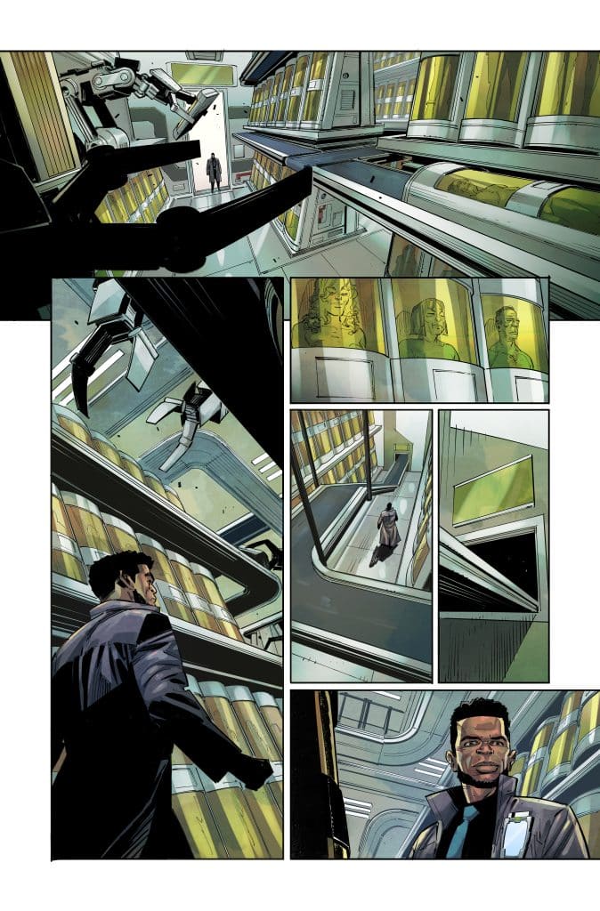 A futuristic corridor with robotic arms and yellow-lit containers. A man in a coat walks through the space, observing the surroundings. The panels depict his interactions with the environment and show various figures in the containers.