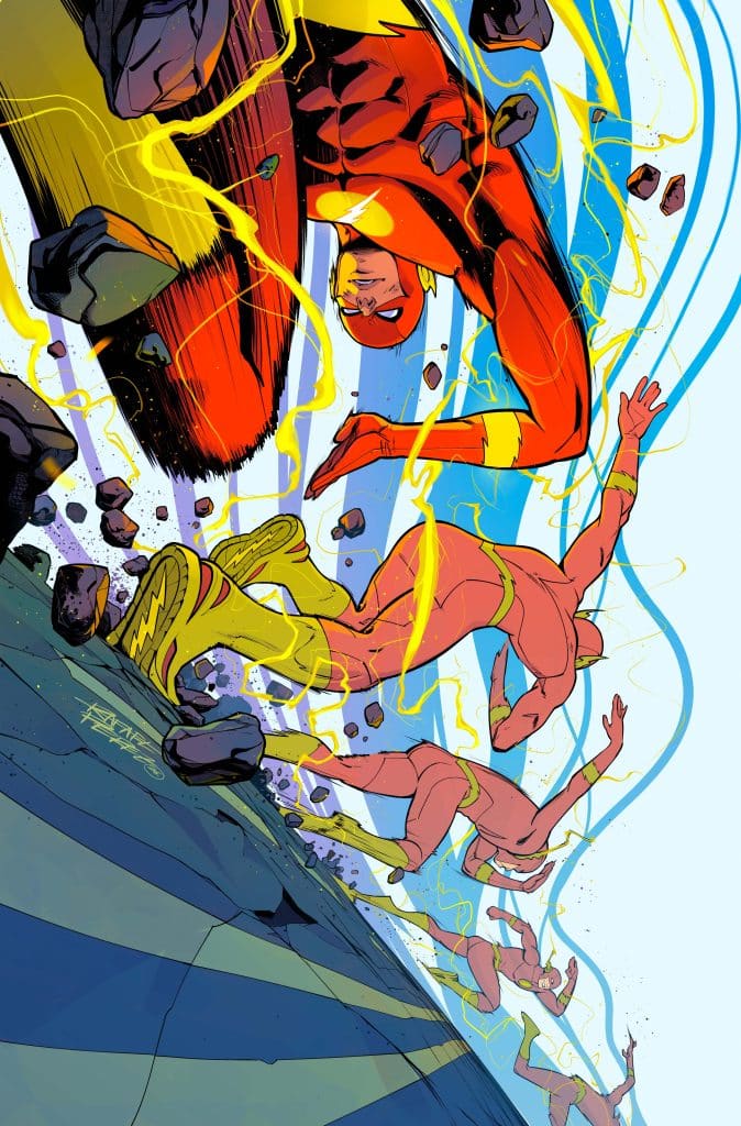 A dynamic illustration of a superhero in a red suit, resembling The Flash, running swiftly amidst swirling lightning and flying rocks. Multiple figures are shown in various poses, suggesting speed and motion.