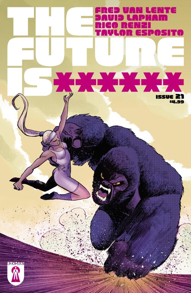 Comic book cover featuring a female character in a dynamic pose facing a large, aggressive gorilla. The title reads 'THE FUTURE IS *****', and it includes names of contributors and issue details at the bottom.