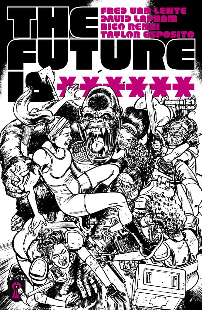 Comic book cover featuring a chaotic scene with multiple characters, including a large gorilla and several women in dynamic action poses, with bold text stating 'THE FUTURE IS *****' and the issue number.