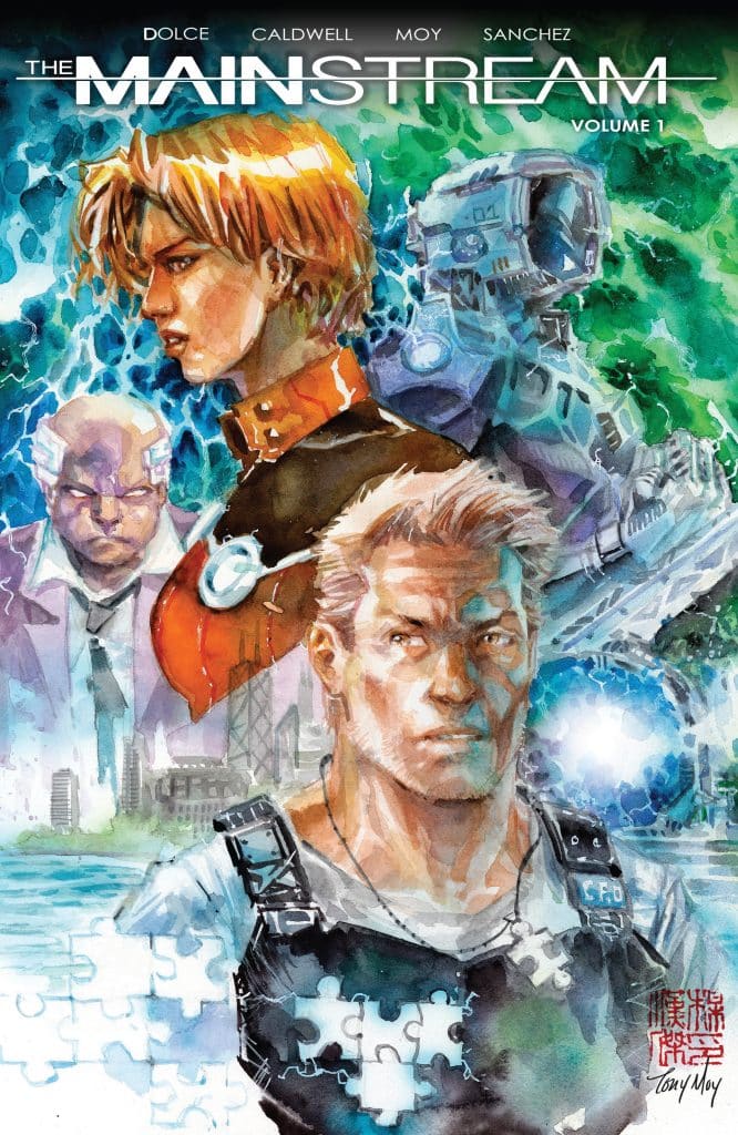 Cover of 'The Mainstream Volume 1', featuring a diverse group of characters against a vibrant, abstract background. Prominent figures include a young woman with short blonde hair, a middle-aged man with glasses, and a muscular man in tactical gear. The design incorporates puzzle piece motifs and elements of a futuristic cityscape.