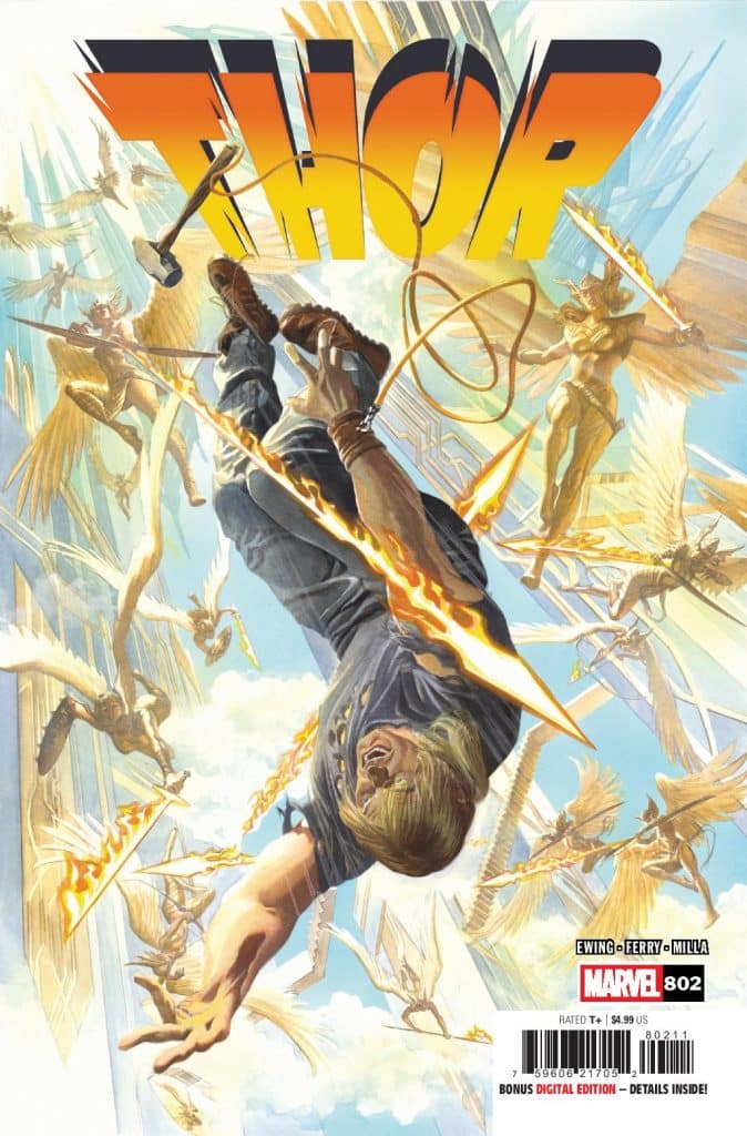 Cover art for Thor comic issue 802, featuring Thor in mid-air battling winged creatures, with vibrant colors and action-packed imagery.