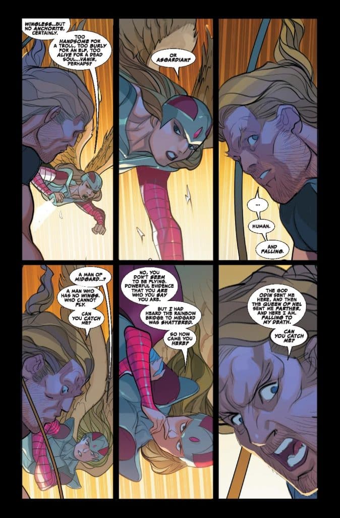 A comic book panel featuring two characters in a dynamic conversation. One character with long hair discusses identity and origins with another character wearing a helmet and a colorful outfit. The scene conveys tension and confusion about their respective backgrounds.