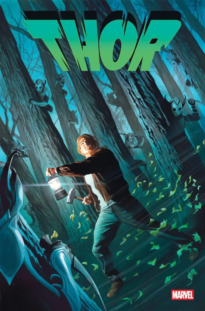 Comic book cover featuring a figure holding a lantern while walking through a dark, eerie forest, with ghostly figures partially visible among the trees, and the title 'THOR' prominently displayed at the top.