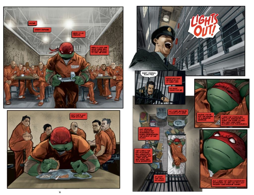 A comic book page featuring a character in a prison setting, wearing an orange jumpsuit, surrounded by other characters in orange jumpsuits at a cafeteria table. There are speech bubbles with dialogues expressing various emotions and conversations, including a prison guard announcing 'Lights Out!' and characters discussing their circumstances.