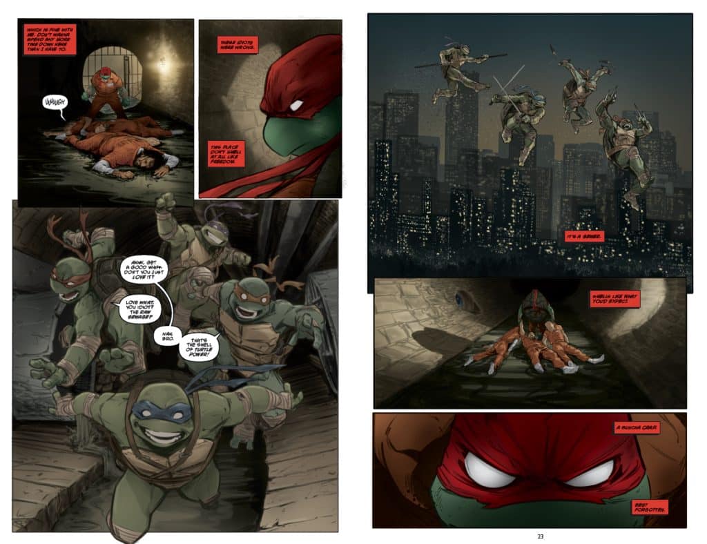 Comic book page featuring Teenage Mutant Ninja Turtles in an underground setting. The left side shows a turtle confronting a villain while the right side captures the turtles leaping over a city skyline. Dialogue bubbles highlight their interactions and expressions.