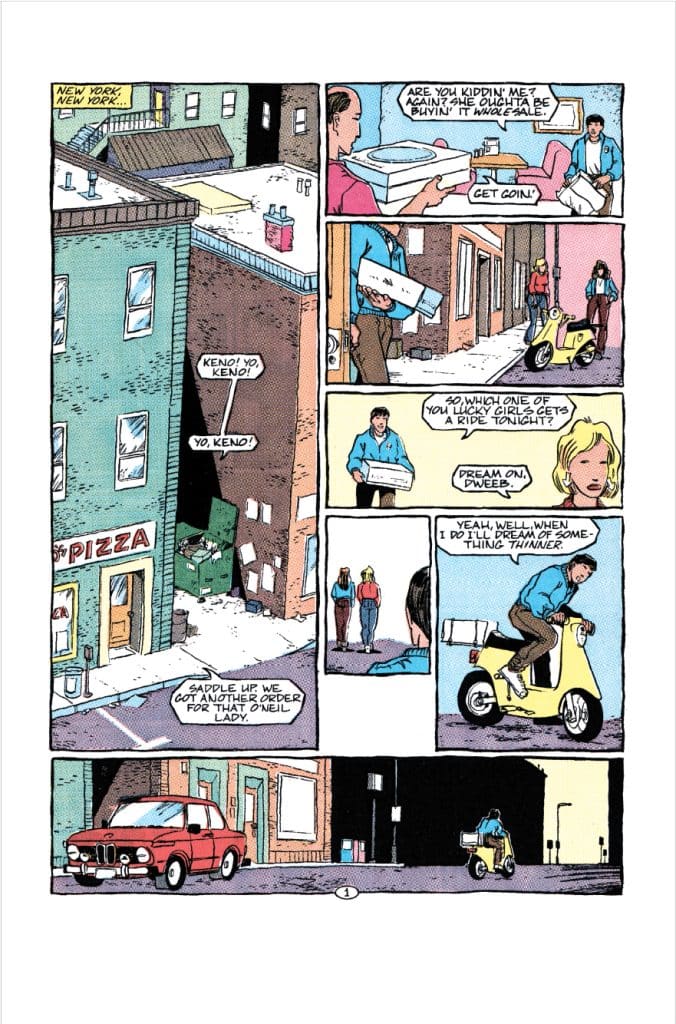 A comic strip set in New York, featuring two characters discussing pizza deliveries, a pink scooter, and a red car parked nearby. One character is on a scooter while another holds a pizza box.