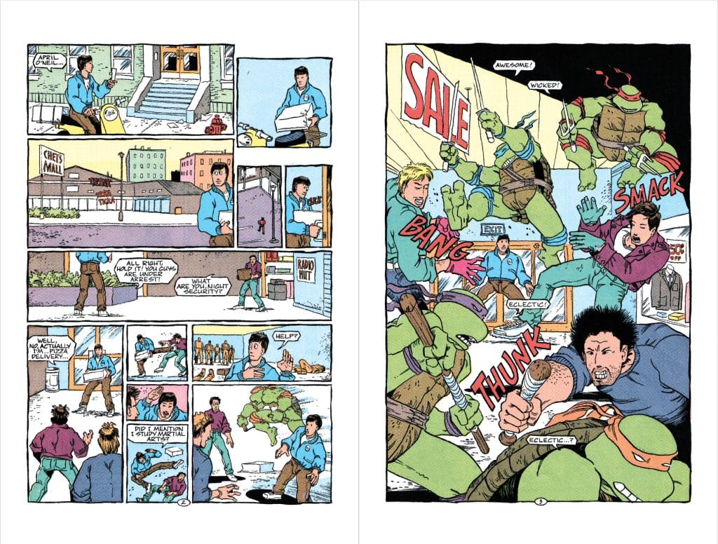 Comic panel depicting a confrontation outside a shopping mall, featuring characters engaged in dialogue about an arrest and a martial arts fight inside the mall, with vibrant action scenes showing characters in various poses while emphasizing sound effects like 'BANG,' 'SMACK,' and 'THUNK'.