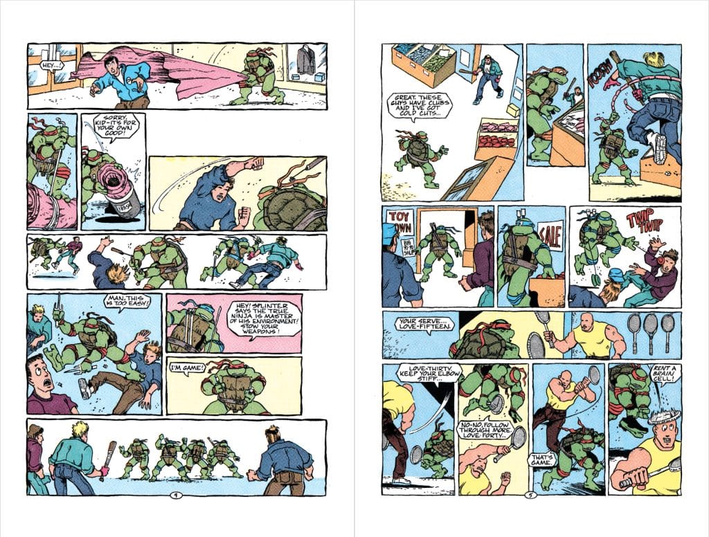 A comic strip featuring four Teenage Mutant Ninja Turtles engaged in humorous action, interacting with various characters and showcasing their martial arts skills in a playful setting.