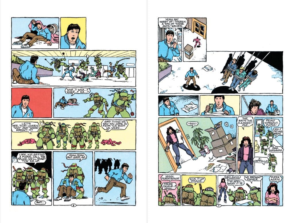 Comic book page featuring characters in action scenes, including anthropomorphic turtles and a man in a blue jacket, with dialogue balloons and various settings.