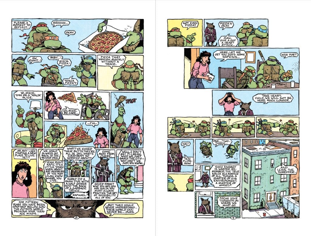 Comic panel featuring Teenage Mutant Ninja Turtles interacting over pizza, with characters expressing humor and concern.