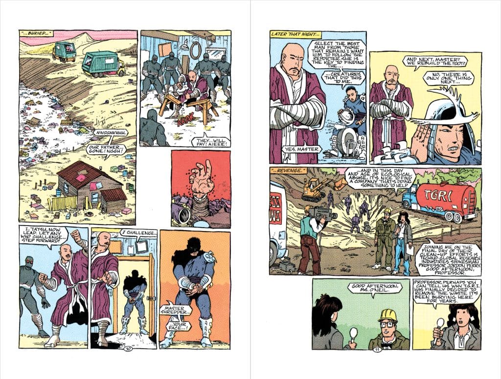 A comic book page with two panels. The left panel shows a wasteland with a rundown building, trash, and figures in dark clothing. The right panel depicts a conversation among characters in a construction setting, involving plans for revenge and rebuilding.
