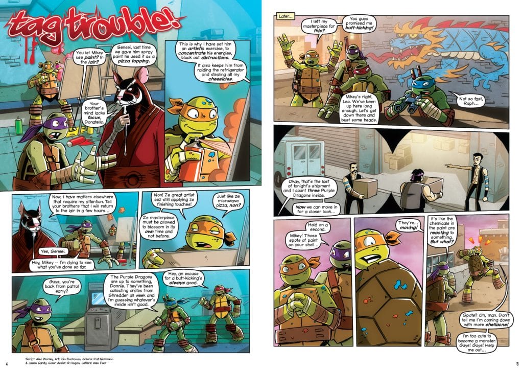 A comic page featuring cartoon turtles discussing a painting mishap, with a character in a robe overseeing their activities.