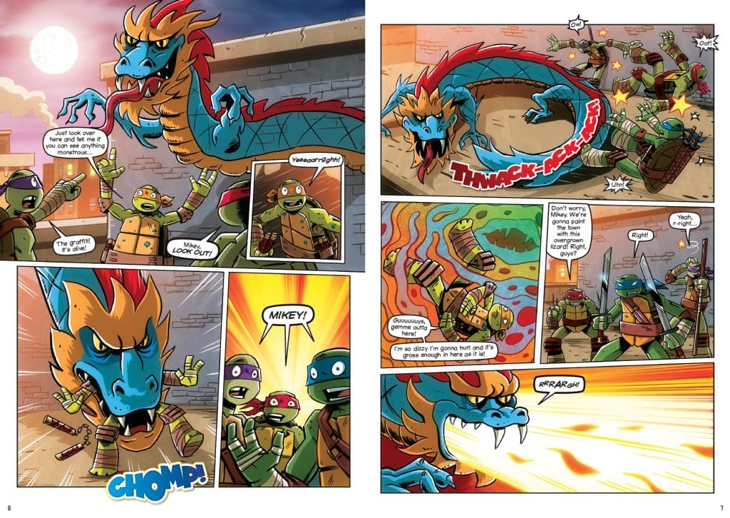 A comic book page featuring a colorful dragon and teenage turtles in an action scene. The dragon, with a blue and orange color scheme, is attacking, while the turtles are reacting in surprise and fear. Speech bubbles convey their dialogue and emotions.