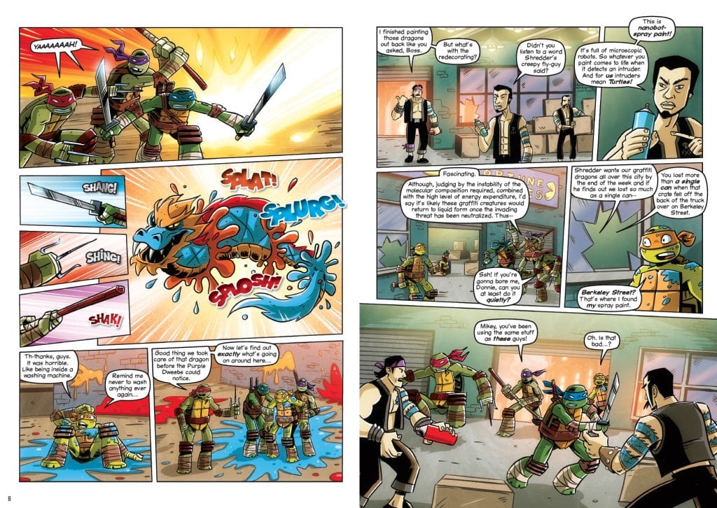 A comic page featuring the Teenage Mutant Ninja Turtles in action, with dynamic dialogue and vibrant illustrations. Characters are engaged in battle, showcasing their weapons and colorful environment.