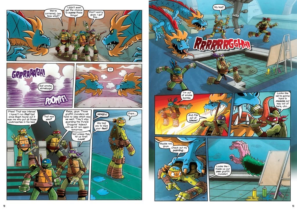 A colorful comic page featuring anthropomorphic turtle characters in action, facing off against dragon-like creatures. The turtles express concern and humor while discussing their predicament, surrounded by graffiti art. Speech bubbles show dialogue among the characters, with one turtle showcasing a painting that resembles a monster.