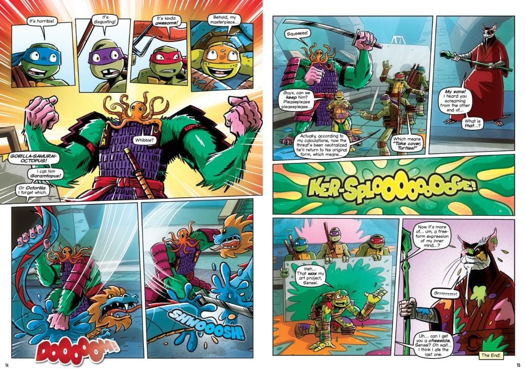 Comic page featuring anthropomorphic turtles reacting to a creature called 'Gorilla-Samurai-Octopus.' Various panels illustrate their expressions and dialogue, along with action scenes and humorous interactions.
