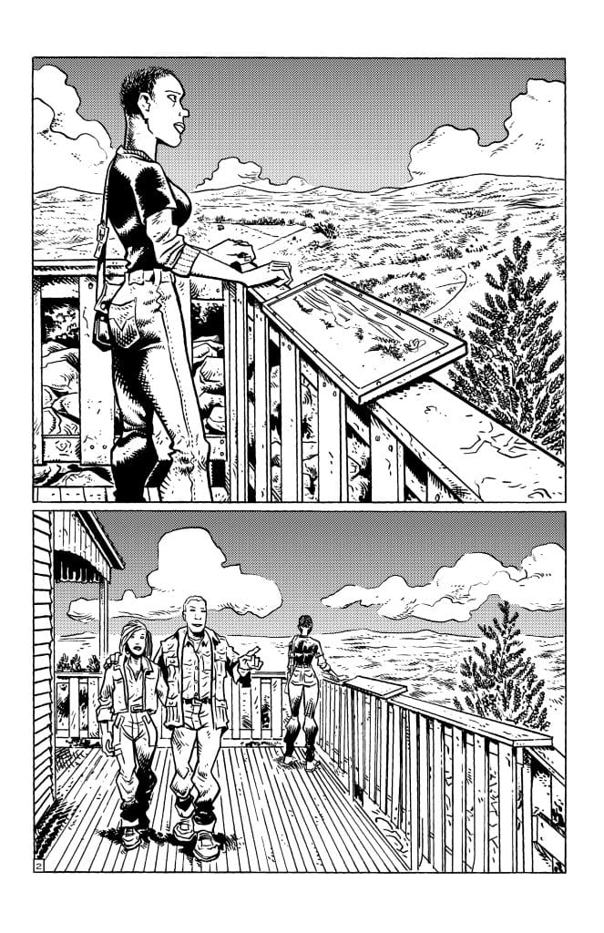 A black and white illustration showing a woman standing on a balcony overlooking a scenic landscape, with a sign nearby. Below, two individuals, a woman and a man, are walking towards the viewer while another person stands further back on the balcony.