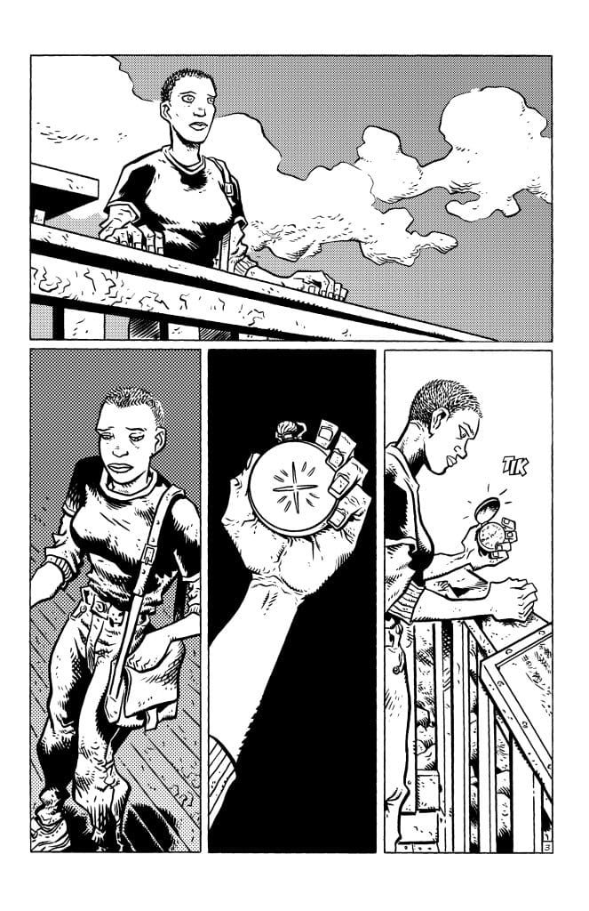A black and white comic panel showing a young person with short hair standing on a balcony, looking contemplative. The first panel features them from the waist up with clouds in the background. The second panel shows their hand holding a circular object, possibly a watch or device. The third panel reveals them placing the object down on the railing with a 'tik' sound effect.