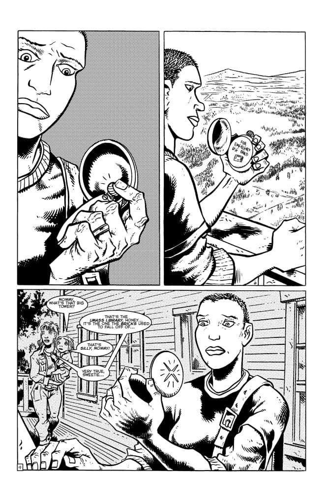 A comic-style illustration showing a concerned character examining a circular object while looking out over a mountainous landscape. Another character is seen in the background explaining the significance of a nearby tower.