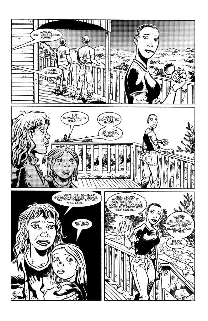 A black and white comic panel depicting a conversation between a mother and her daughter about a bald woman in the distance. The mother is trying to calm her daughter, who finds the woman funny-looking, while the bald woman appears friendly and engaged in the conversation. The scene includes a scenic view of mountains in the background.